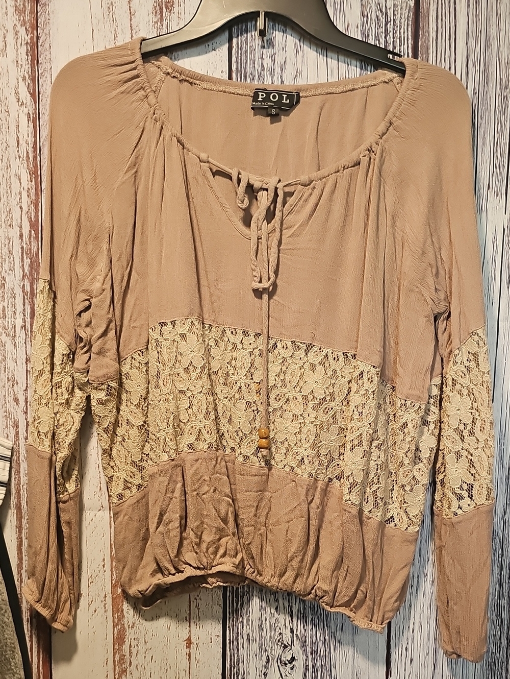 POL Taupe Lace-Trim Blouse